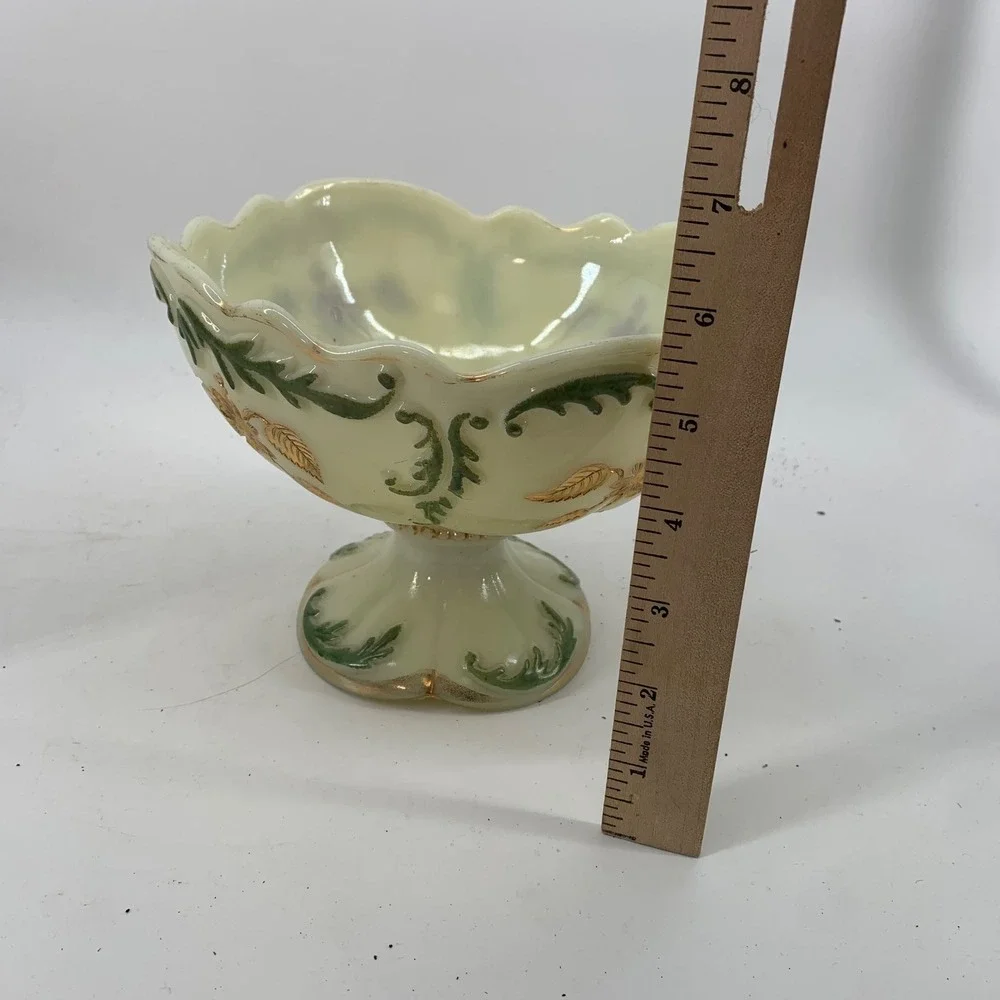 Vintage Custard Glass Pedestal Bowl Gold Floral Hand Painted Ruffled Footed Glow